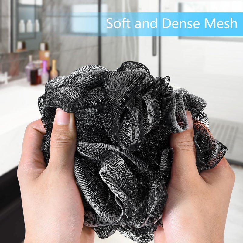 Yoget Bath Loofah Sponge, 4 Pack Black 60G Shower Mesh Ball Soft Pouf Body Scrubber, Exfoliate, Cleanse, Soothe Skin, Black Loofah with White Trim - Image 3
